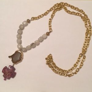 Pink agate necklace with gold chain